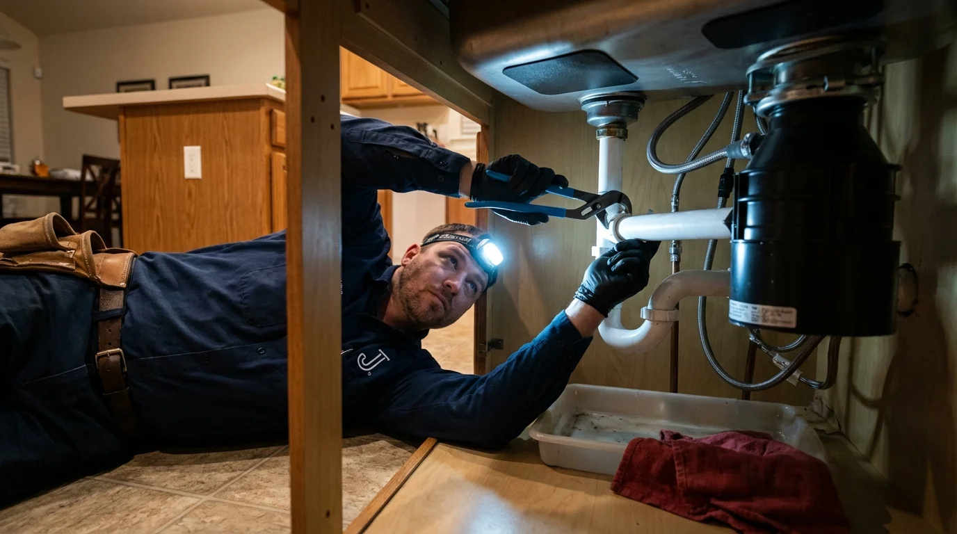 P-trap and supply line connections under a kitchen sink showing a common leak point in Vail, CO